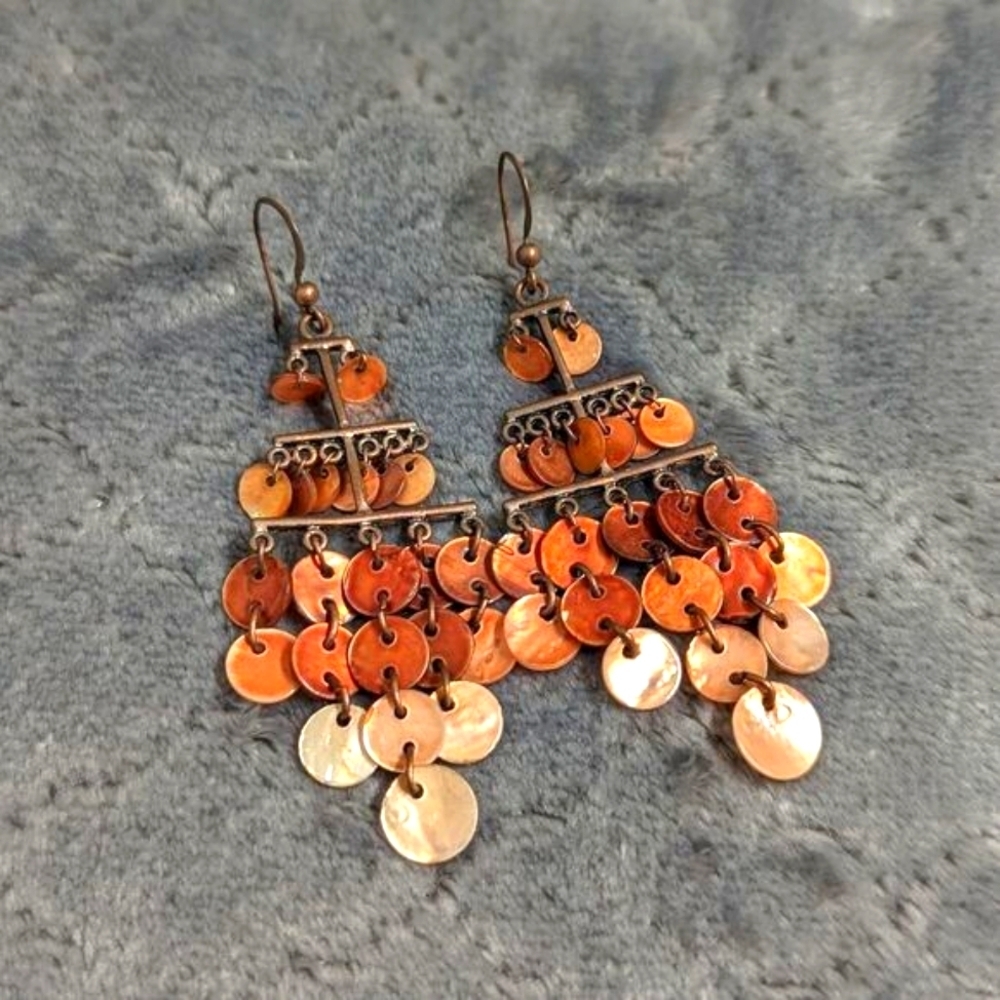 Vintage Coppery Orange Mother of Pearl Dangle Drop Pierced Earrings - Picture 6 of 8